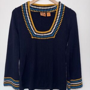 Tory Burch Crochet Knit Pullover Sweater S Navy Yellow Hippy Boho